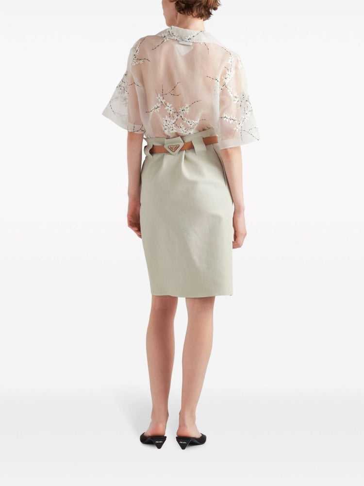 floral-embroidered short-sleeved sheer shirt