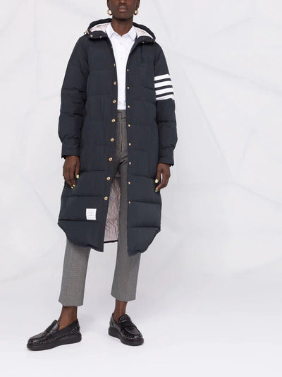 DOWN FILLED BELOW KNEE HOODED SHIRTDRESS W/ 4 BAR IN MILITARY RIPSTOP