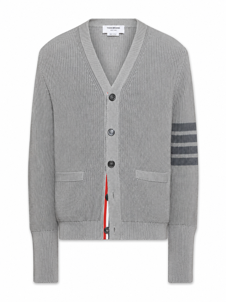 GARMENT DYE CARDIGAN STITCH V NECK CARDIGAN IN COTTON W/ TONAL 4 BAR STRIPE