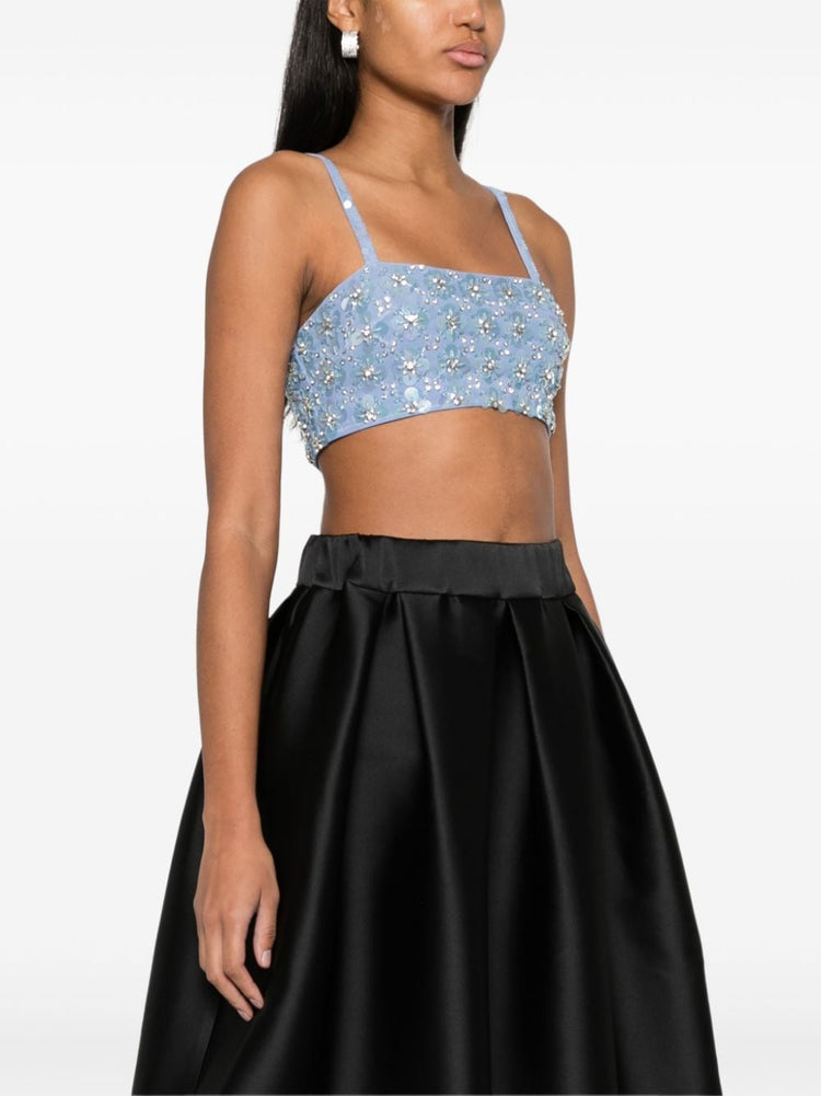 rhinestone-embellished mesh cropped top