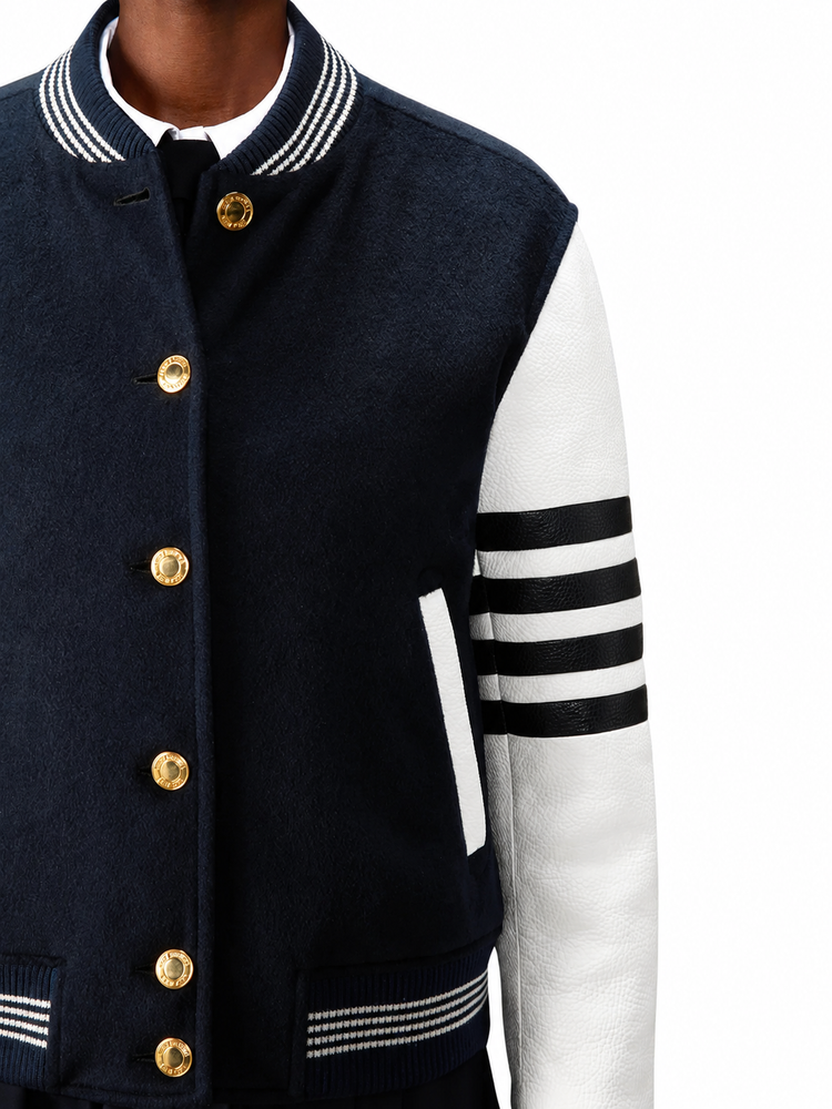 RELAXED FIT VARSITY JACKET W/LEATHER SLEEVES W/ APPLIQUE "BROWNE 65" WOOL AND FELT ZIG ZAG STITCH IN