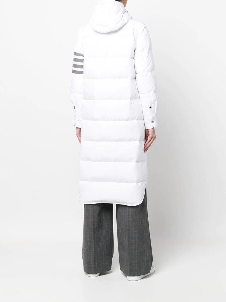 DOWN FILLED BELOW KNEE HOODED SHIRTDRESS W/ 4 BAR IN MILITARY RIPSTOP