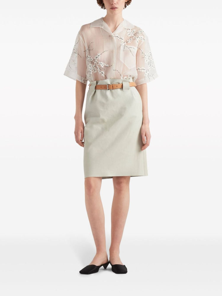 floral-embroidered short-sleeved sheer shirt