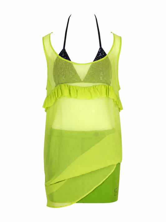 LA ROSE green silk long dress with rouches