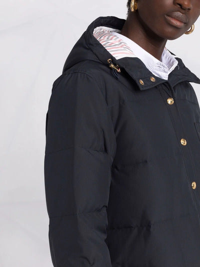DOWN FILLED BELOW KNEE HOODED SHIRTDRESS W/ 4 BAR IN MILITARY RIPSTOP