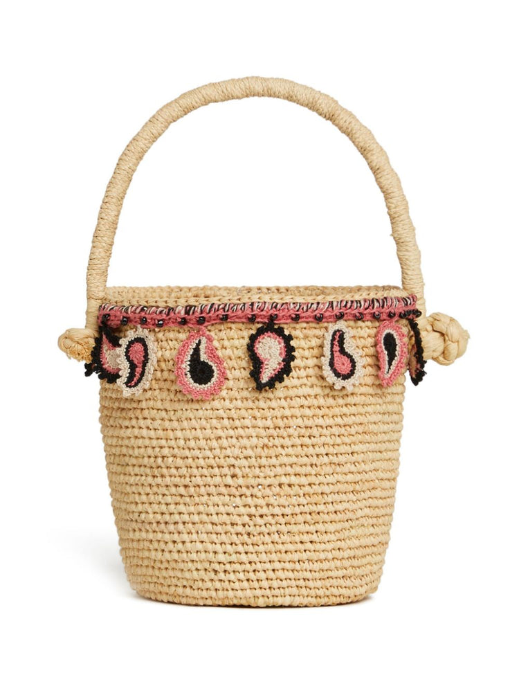 paisley-appliqué raffia basket bag