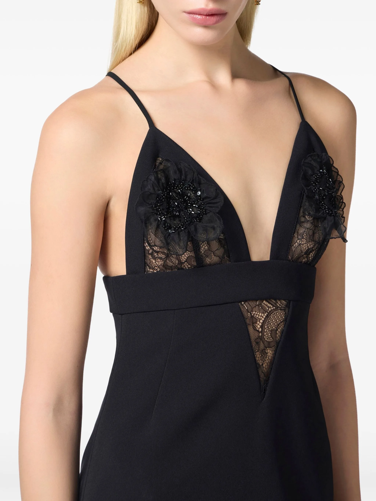floral-appliqué lace-detail mini dress