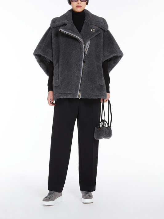 NewMant biker jacket cape in wool and alpaca Teddy fabric