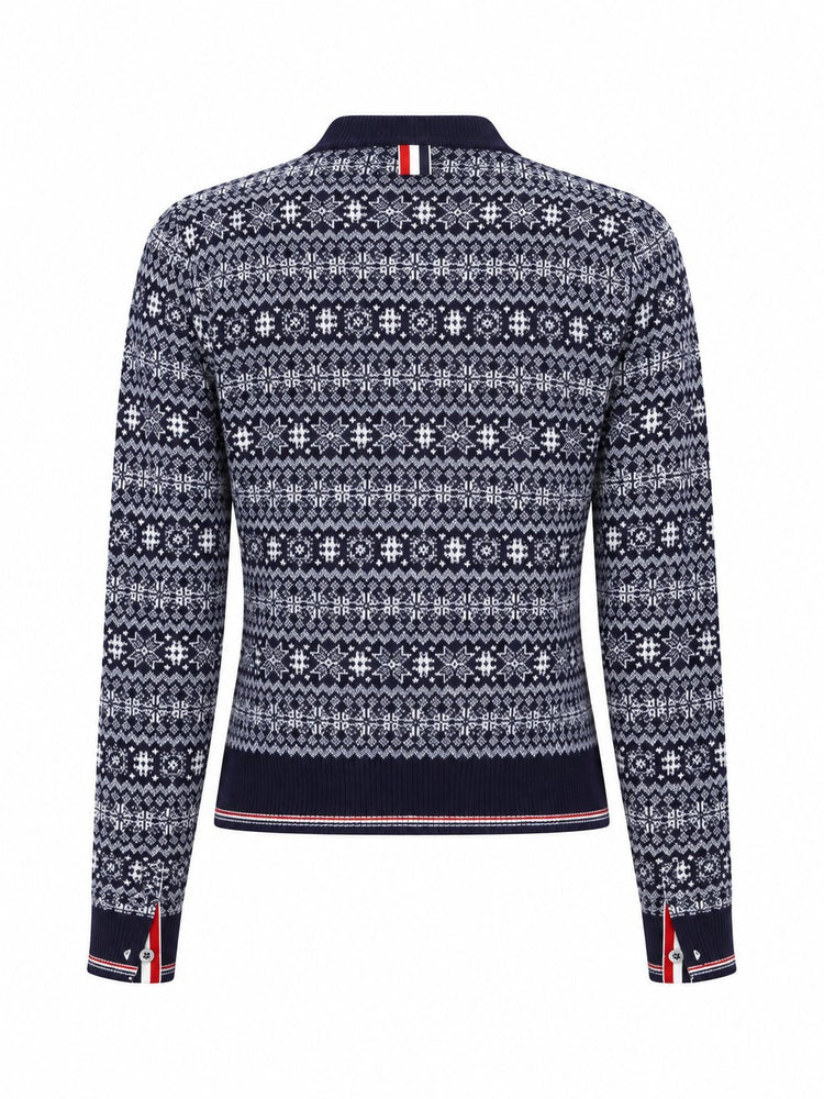 SNOWFLAKE FAIRISLE JERSEY FLOAT JACQUARD CREWNECK CARDIGAN IN FINE MERINO WOOL