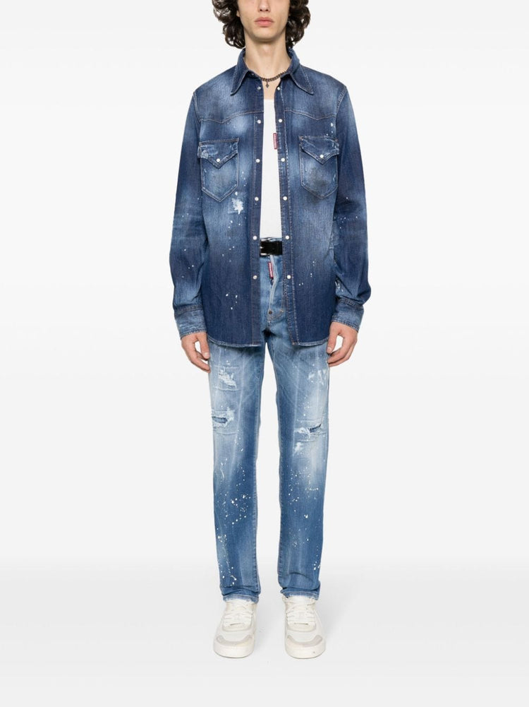 paint-splatter denim shirt