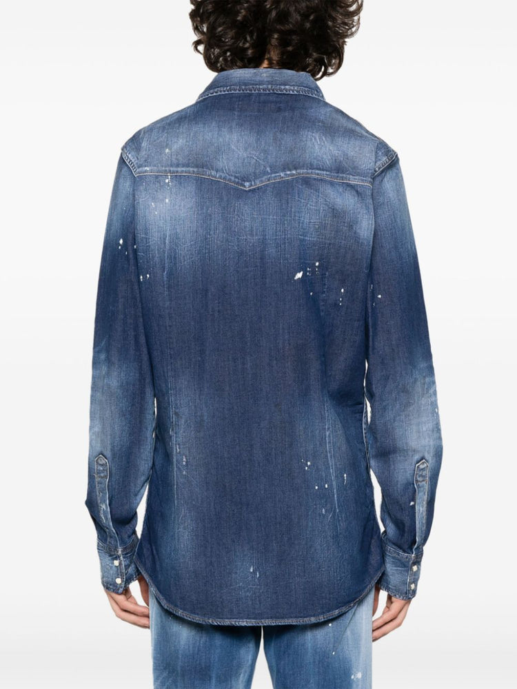 paint-splatter denim shirt