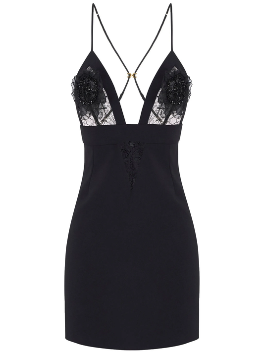 floral-appliqué lace-detail mini dress