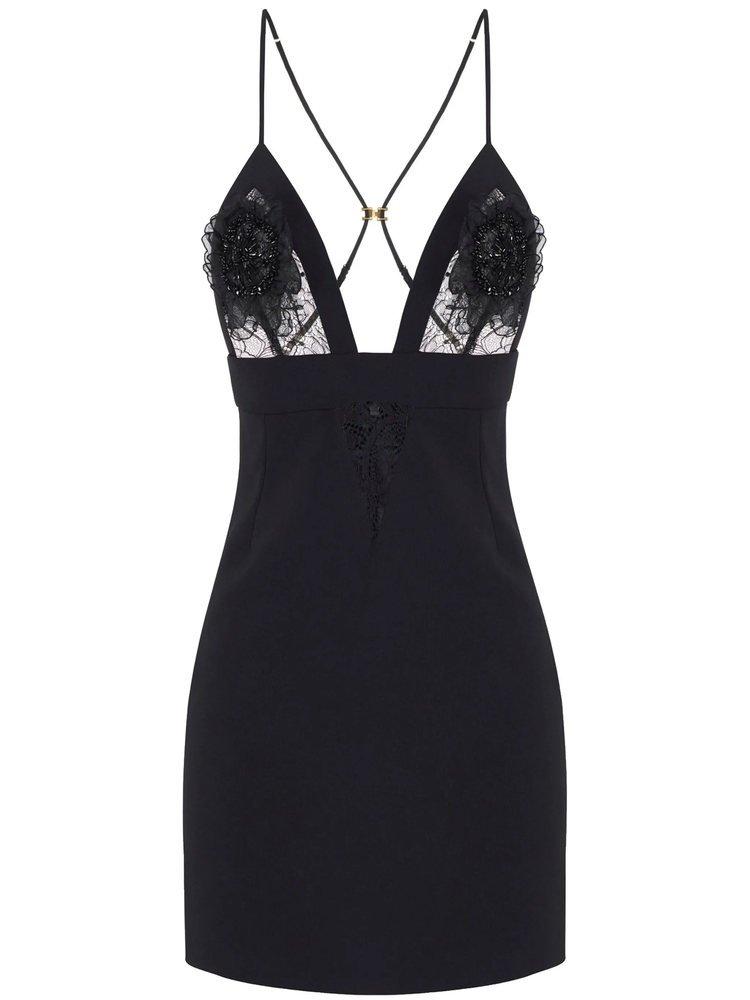 floral-appliqué lace-detail mini dress