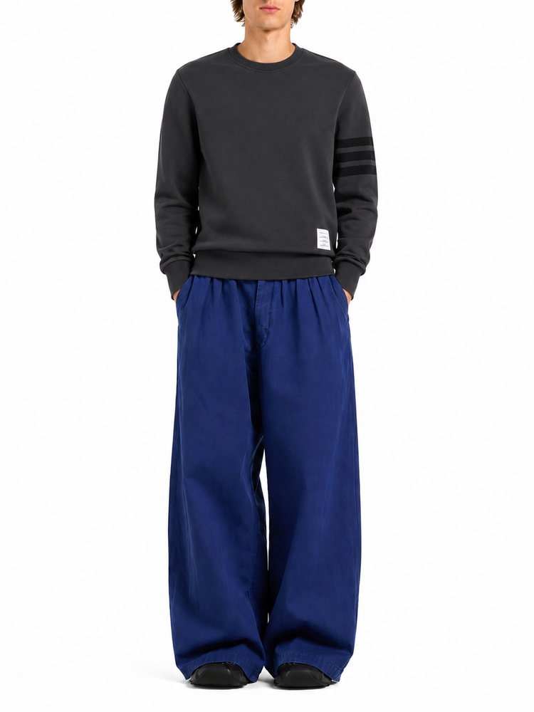 LONG SLEEVE CREWNECK PULLOVER W/ TONAL PRINTED 4 BAR IN GARMENT DYED LOOPBACK