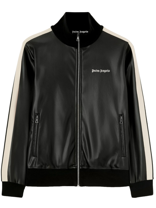 Leather effect logo-embroidered zip-up jacket