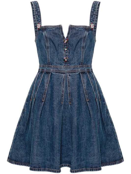 floral-appliqué denim minidress