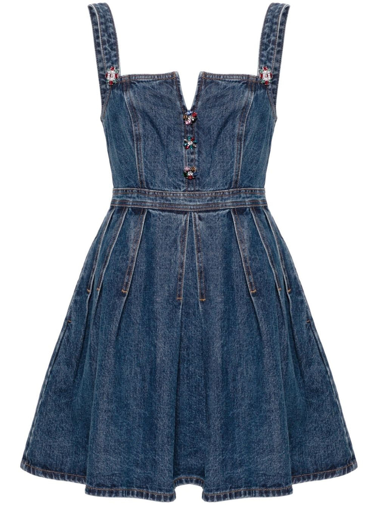 floral-appliqué denim minidress