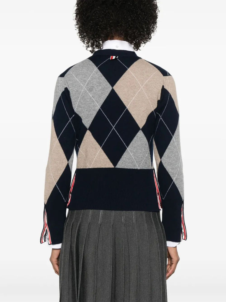 ARGYLE JERSEY INTARSIA CLASSIC V NECK CARDIGAN IN CASHMERE