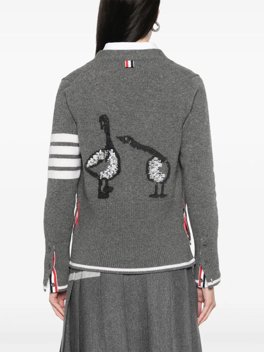 GEESE JERSEY INTARSIA BOXY V NECK CARDIGAN IN MERINO WOOL W/ 4 BAR STRIPE