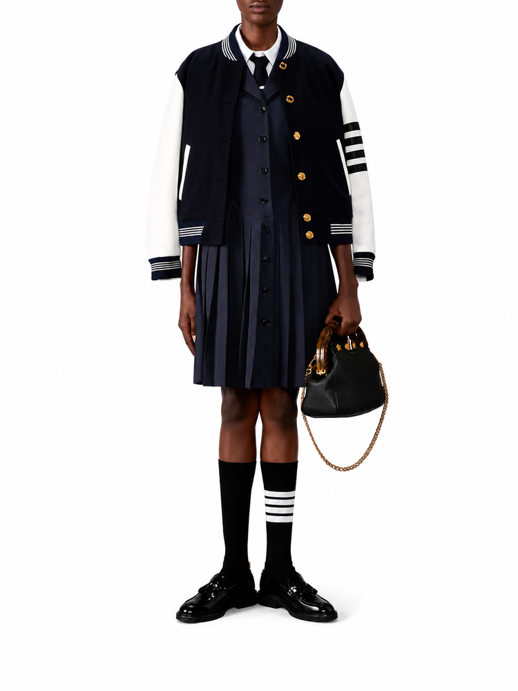 RELAXED FIT VARSITY JACKET W/LEATHER SLEEVES W/ APPLIQUE "BROWNE 65" WOOL AND FELT ZIG ZAG STITCH IN
