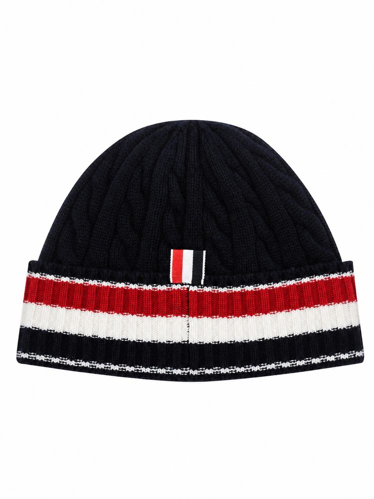 CABLE AND RIB BEANIE IN MERINO WOOL W/ RWB STRIPE