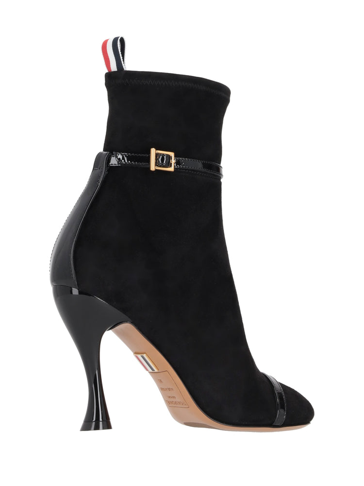 TROMPE L'OEIL 4-BAR SANDAL ANKLE BOOT W/ 105MM ROUND CURVED HEEL IN STRETCH SOFT SUEDE