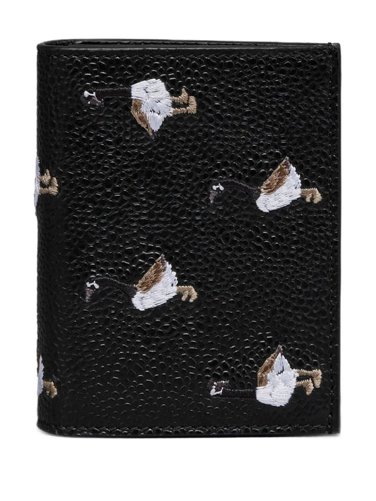 DOUBLE CARD HOLDER W/ GOOSE HALF DROP EMBROIDERY IN PEBBLE GRAIN LEATHER
