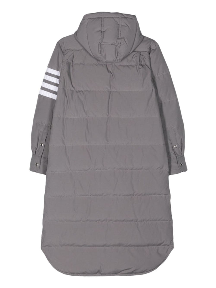 DOWN FILLED BELOW KNEE HOODED SHIRTDRESS W/ 4 BAR IN MILITARY RIPSTOP