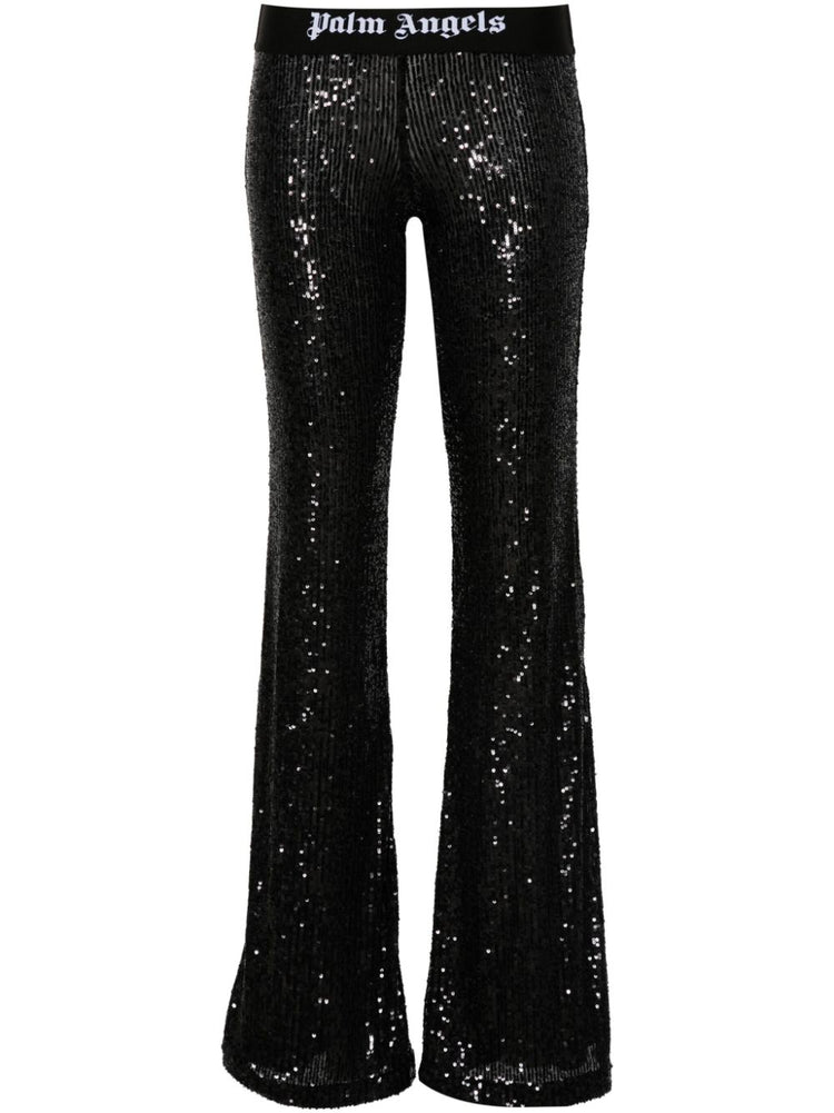 logo-tape sequins flare trousers