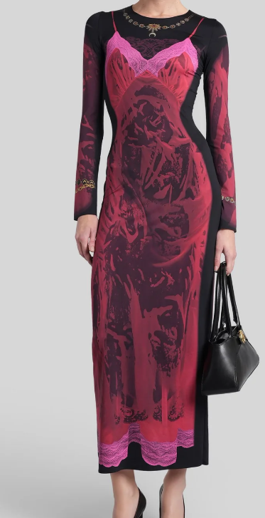WET NUISETTE PRINTED JERSEY LS LONG DRESS