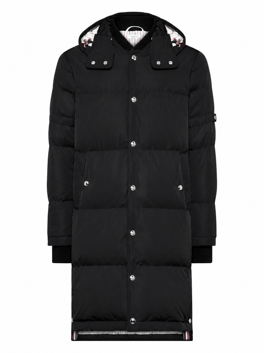 DOWNFILLED SNAP FRONT DETACHABLE HOOD COAT W/ SELF ARMBAND (42") IN POLY TECH O.P.
