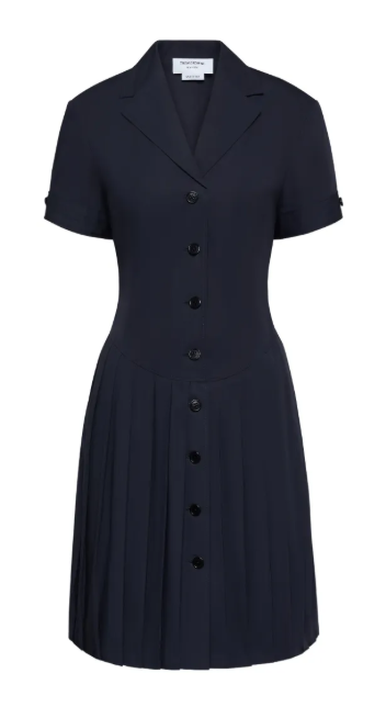 BERMUDA LENGTH SHORT SLEEVE LAPEL COLLAR PLEATED DRESS IN WRINKLE FREE COTTON SUITING
