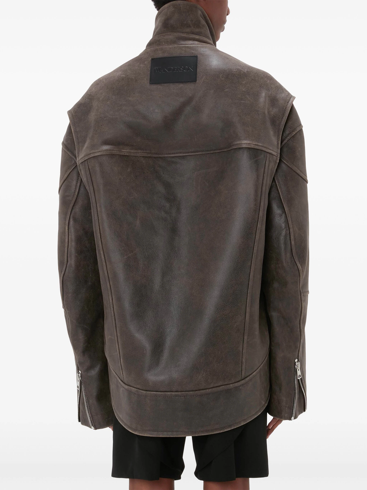 high-neck curved leather jacket