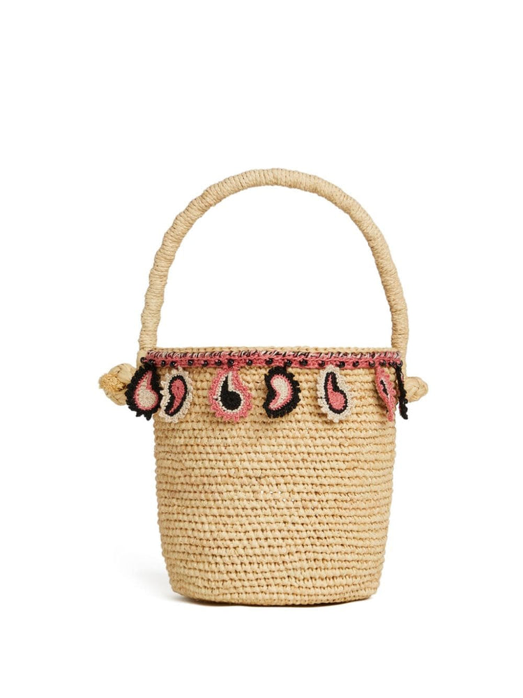 paisley-appliqué raffia basket bag