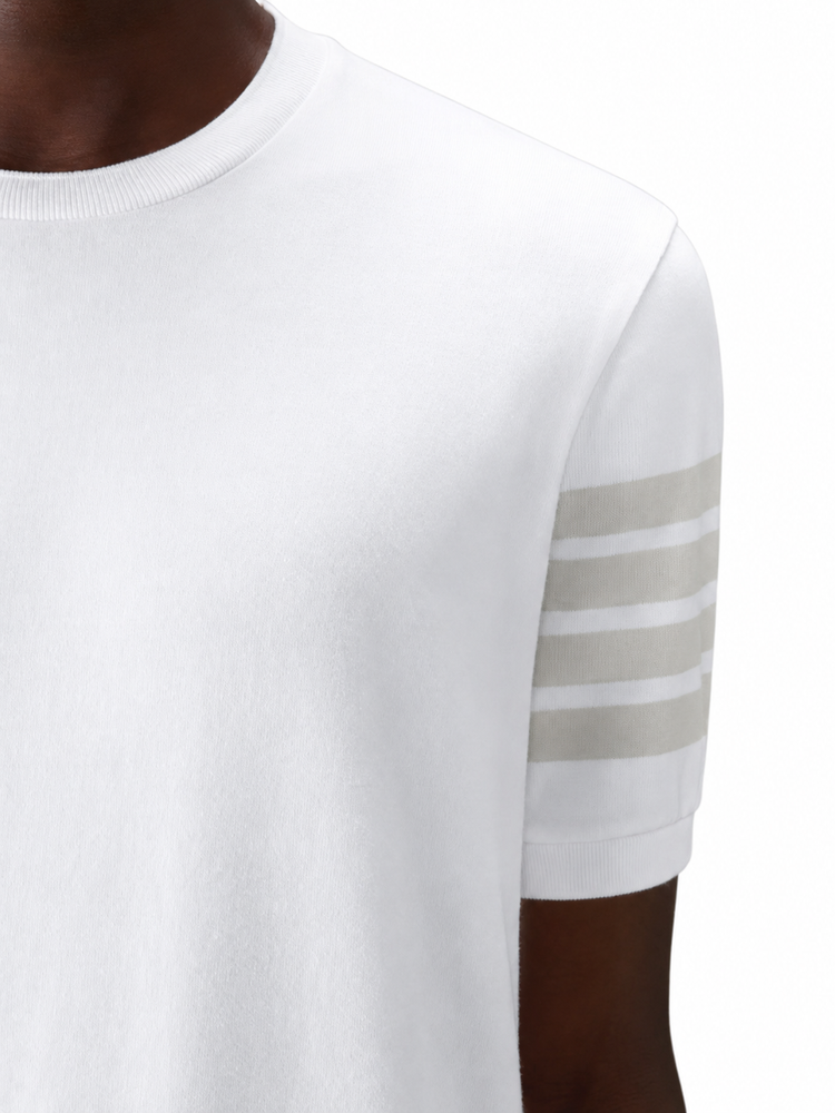 GARMENT DYED SHORT SLEEVE RIB CUFF TEE IN MED WEIGHT JERSEY W/ OVERDYED 4 BAR