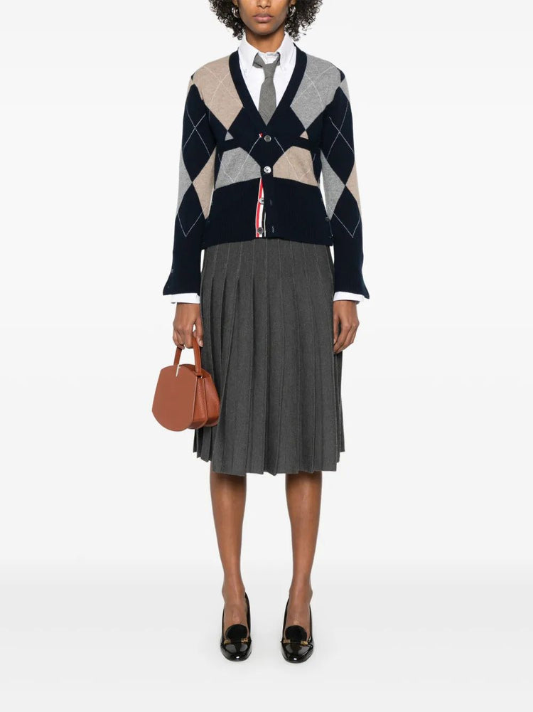 ARGYLE JERSEY INTARSIA CLASSIC V NECK CARDIGAN IN CASHMERE
