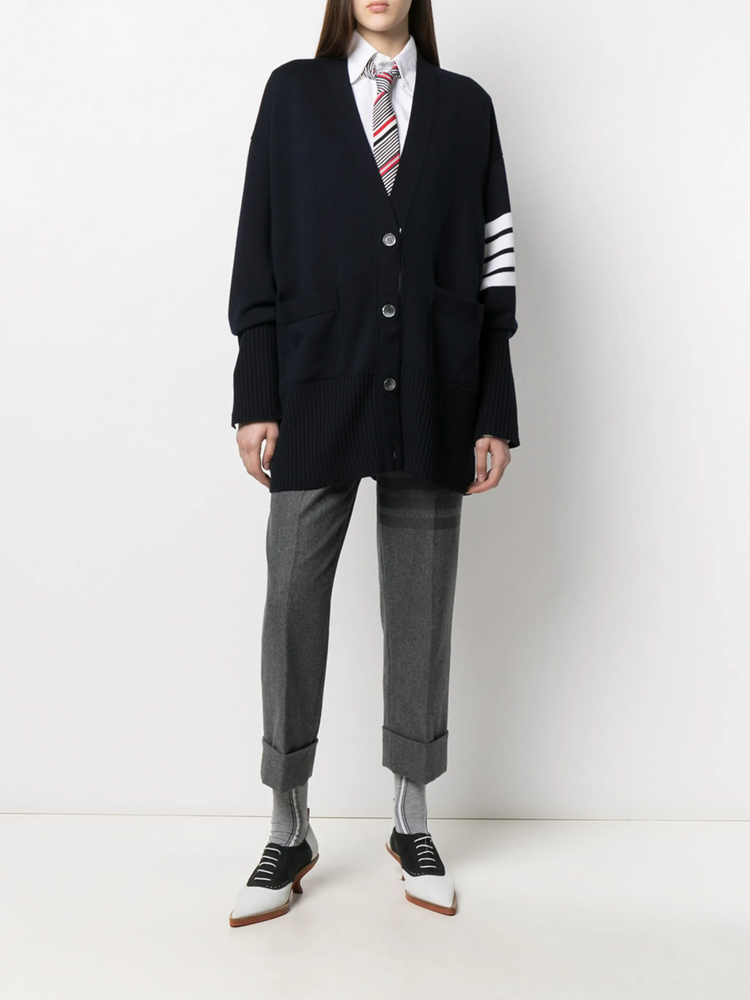 EXAGGERATED FIT V NECK CARDIGAN W/ 4 BAR STRIPE IN FINE MERINO WOOL