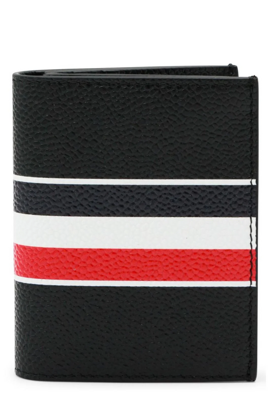 DOUBLE CARD HOLDER W/ RWB STRIPE IN PEBBLE GRAIN LEATHER
