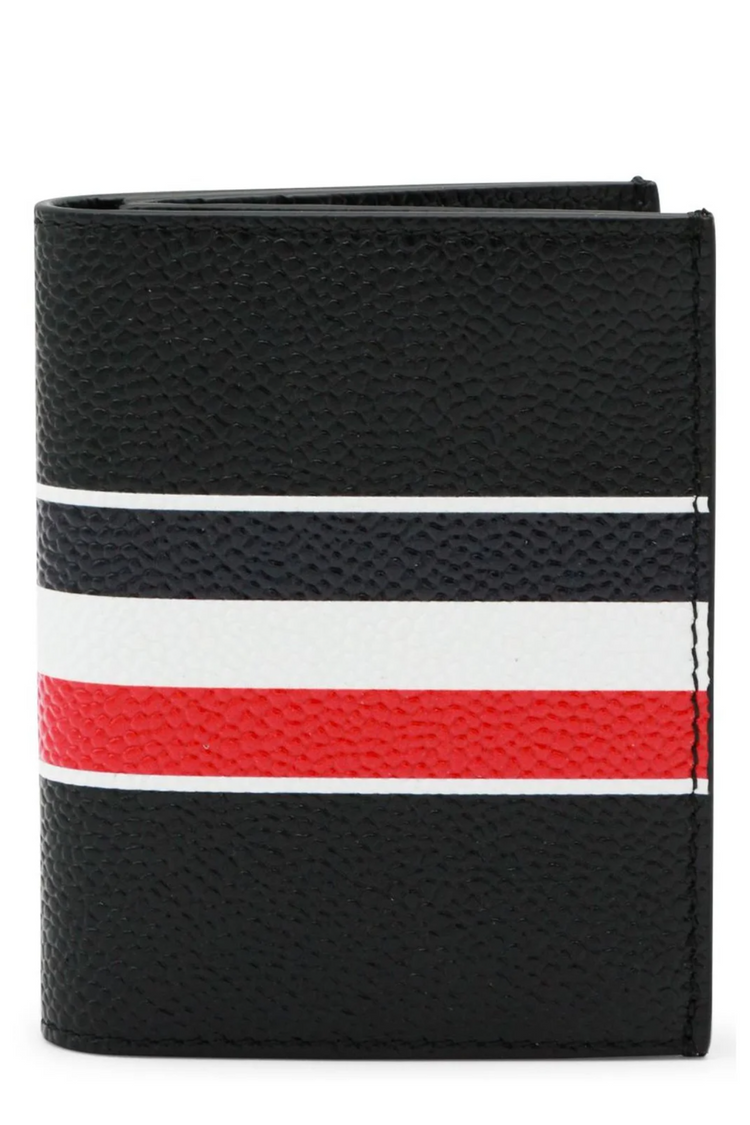 DOUBLE CARD HOLDER W/ RWB STRIPE IN PEBBLE GRAIN LEATHER