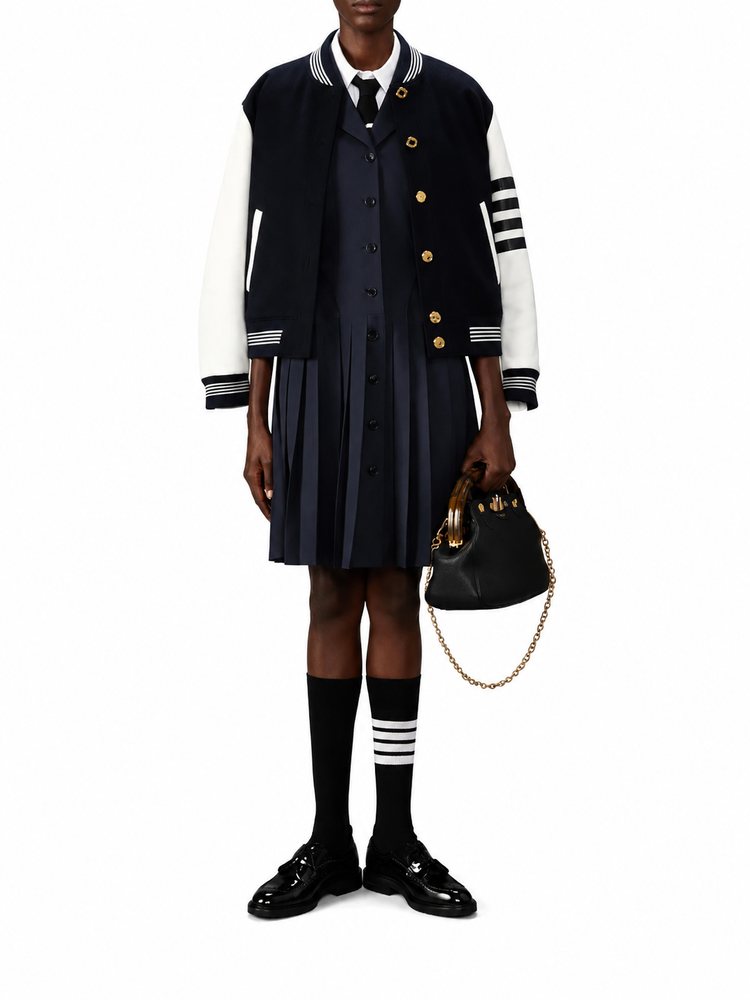 BERMUDA LENGTH SHORT SLEEVE LAPEL COLLAR PLEATED DRESS IN WRINKLE FREE COTTON SUITING