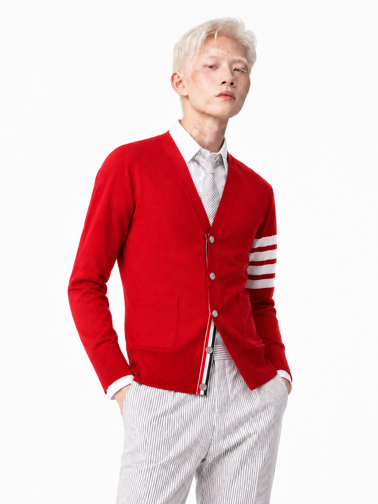CLASSIC V-NECK CARDIGAN IN FINE MERINO WOOL W/ 4BAR STRIPES
