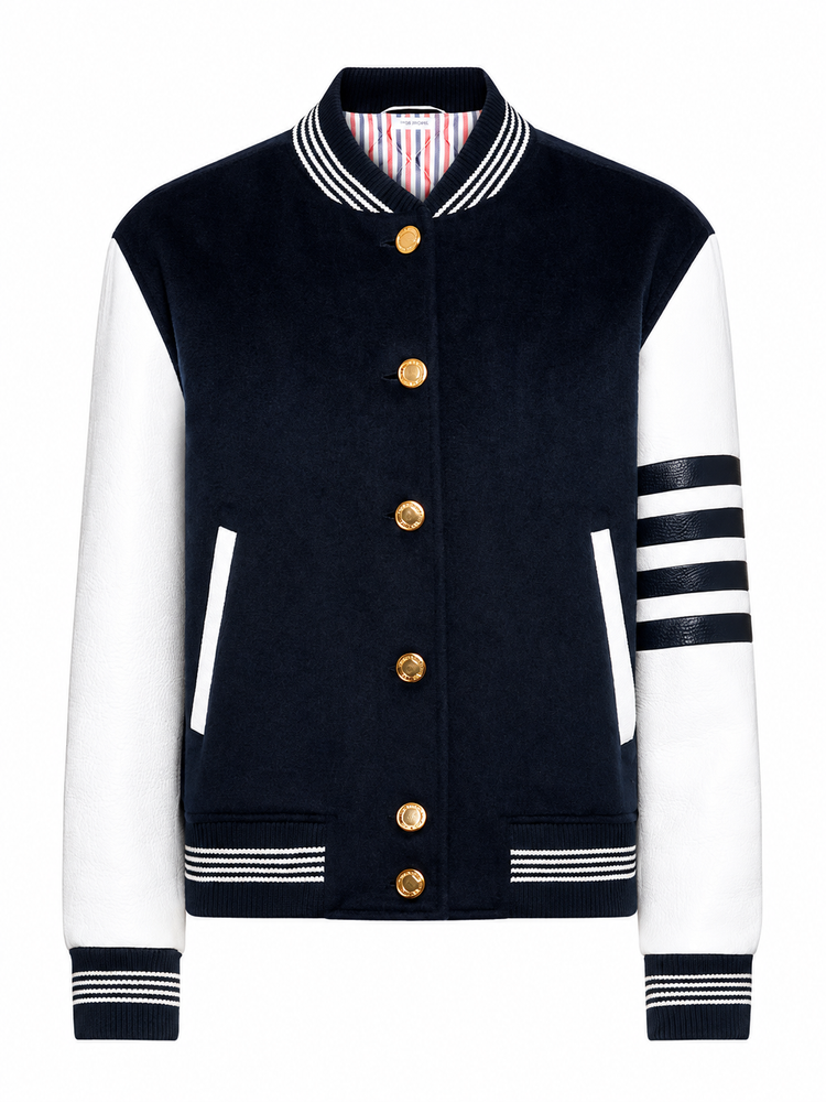 RELAXED FIT VARSITY JACKET W/LEATHER SLEEVES W/ APPLIQUE "BROWNE 65" WOOL AND FELT ZIG ZAG STITCH IN