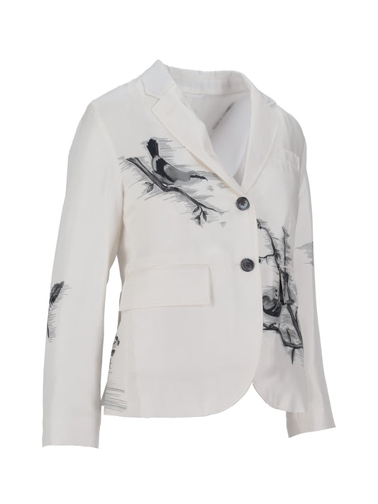 FIT 3- HIGH ARMHOLE SPORTCOAT (UNCONSTRUCTED) IN ENGINEERED BIRD TOILE  PRINTED SILK TWILL