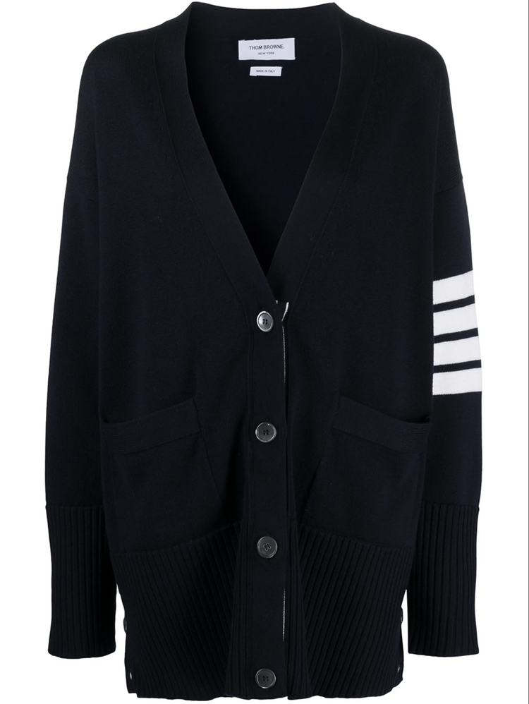 EXAGGERATED FIT V NECK CARDIGAN W/ 4 BAR STRIPE IN FINE MERINO WOOL