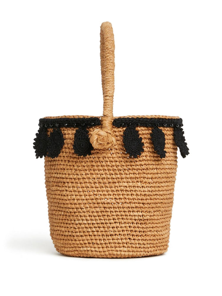 paisley-appliqué raffia basket bag