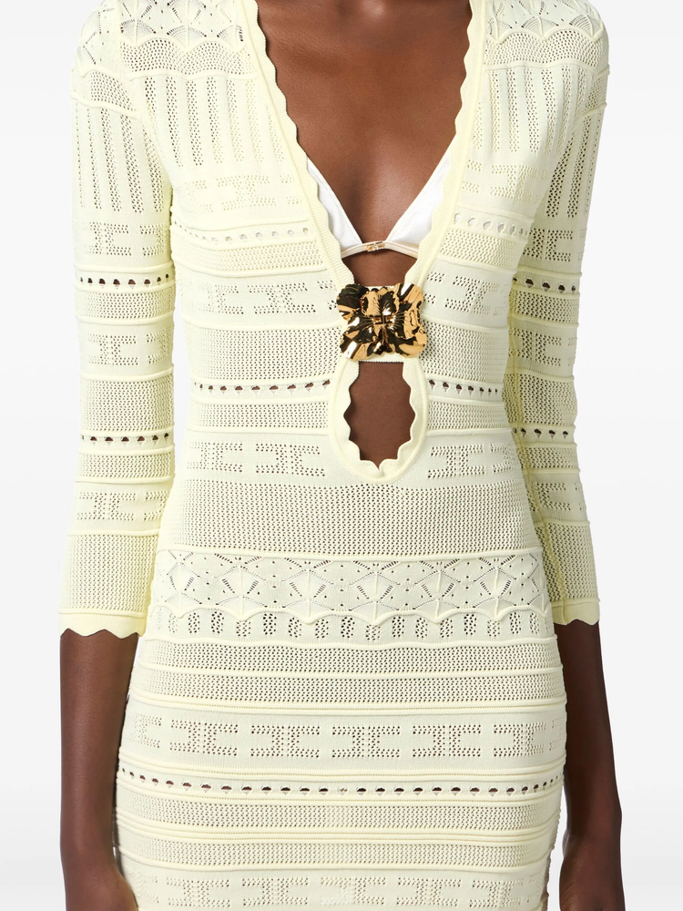 brooch-detail open-knit dress