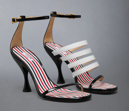 4 BAR STRAPPY HEEL SANDAL W/ 90MM ROUND CURVED HEEL IN SOFT PATENT LEATHER