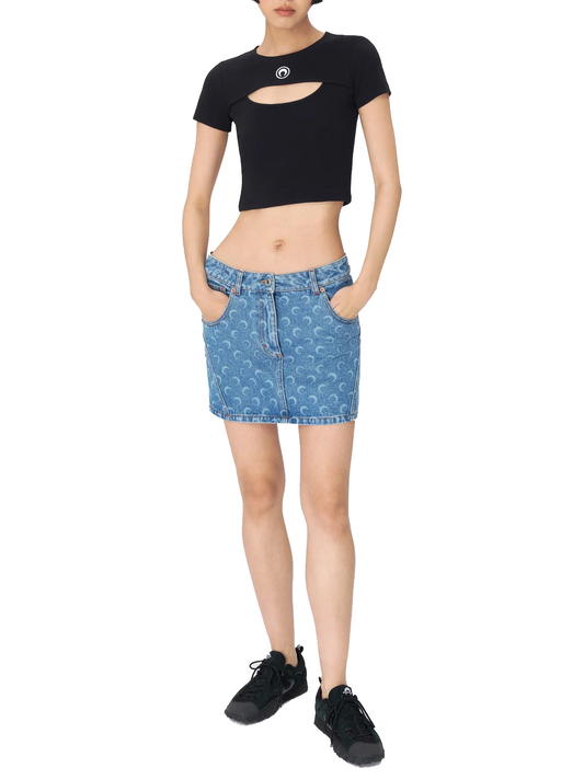 Moon laser denim mini skirt