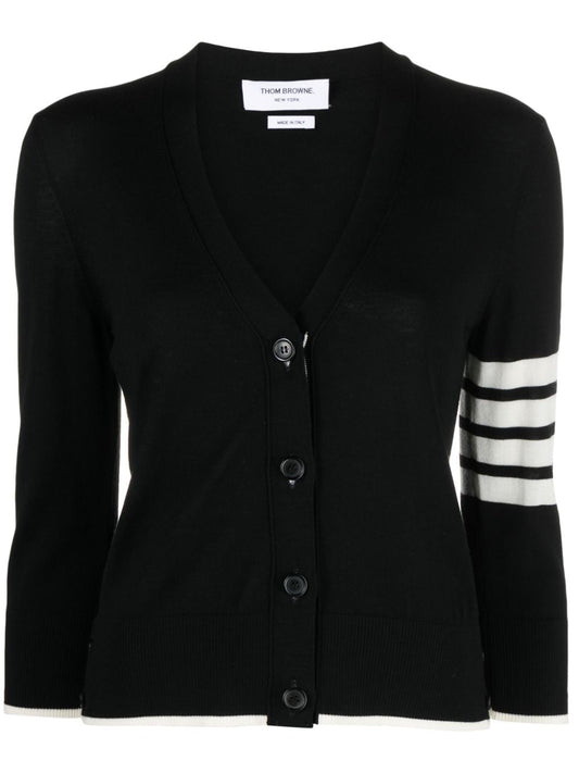 RELAXED FIT V NECK CARDIGAN W/ 4 BAR STRIPE IN FINE MERINO WOOL W/ TIPPING