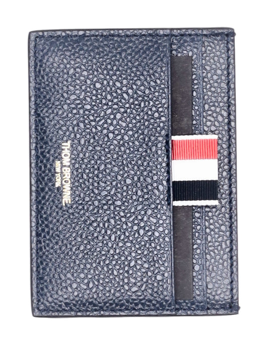 SINGLE CARD HOLDER W/ SIDE 4 BAR STRIPES IN PEBBLE GRAIN LEATHER